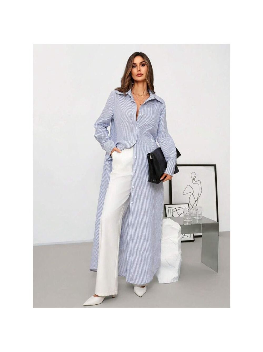 Striped Long Shirt Dress Blue/White Size L